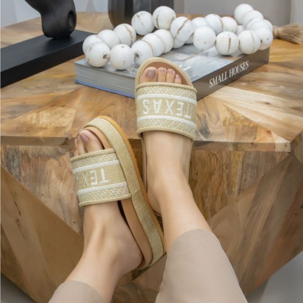 Embroidered Wedge Texas Slide Sandals - Tan - Picture 2 of 5